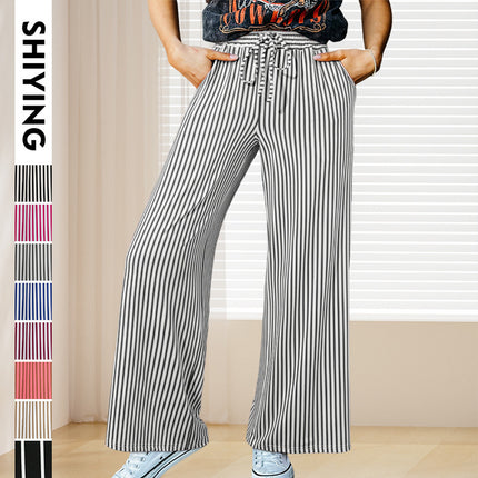 Vintage Striped Wide-Leg Pants for Women, High-Waisted Loose Brushed Trousers, New European and American Cross-Border Women's Fashion