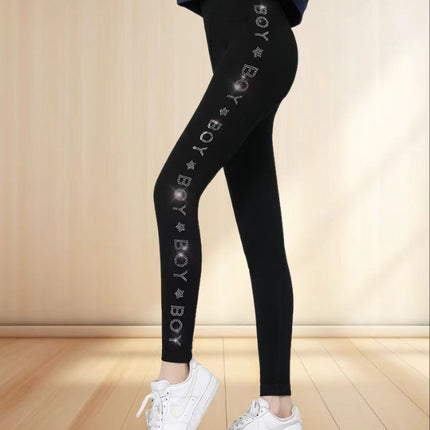 Side Diamond-Embellished Seamless Fleece-Lined Leggings for Women, Warm and Plush, Plus-Size Cropped Pants