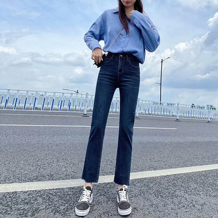 Small high waist straight jeans women's all-match retro Hong Kong style all-match loose slimming cropped pipe pants fashion