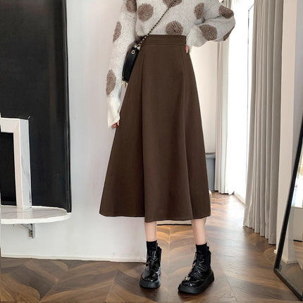 French Twill Brushed Skirt Women's High-Waisted A-Line Mid-Length Skirt Umbrella Skirt Spring Autumn Winter Petite Skirt
