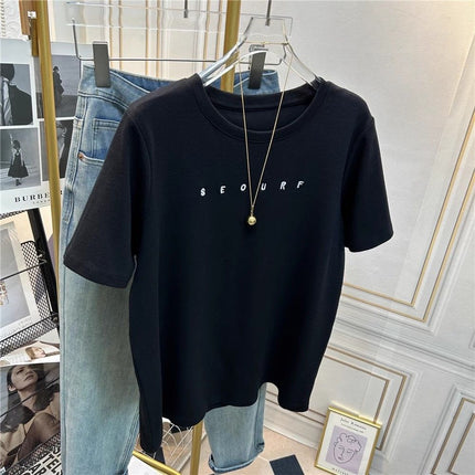 Small Letter Embroidery Brushed Short-Sleeve T-Shirt for Women, Regular Shoulder, Slimming, Korean Style, Fashionable, Thickened Base Layer for Autumn and Winter