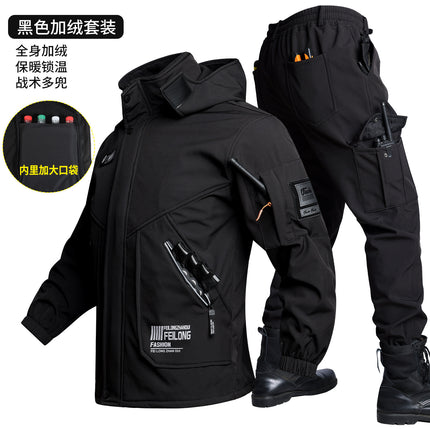 Men's Autumn and Winter Fleece-Lined Thickened Softshell Tactical Outdoor Sports Workwear Suit, Waterproof and Windproof