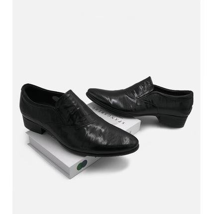 Men's Shoes 2025 Summer New Men's Low-Heeled High-End Casual Leather Shoes Soft-Soled Black Slip-On Shoes