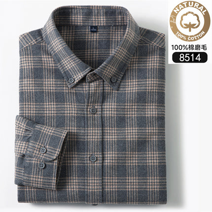 Autumn and Winter New Pure Cotton Brushed Long-Sleeved Shirts for Young and Middle-Aged Plaid Casual Business Men's Shirts Popular on Douyin
