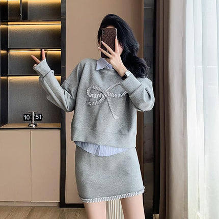 Real Shot Lazy Style Loose Sweater Spring and Autumn Inner Shirt Design Sense Short Top Small Half Skirt Three-Piece Set