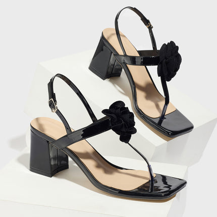 Factory Direct Sales Export Women's High-Heeled Black Rose Toe-Clip Square-Toe Chunky Heel Mirror Fabric Sandals 2025 New Model