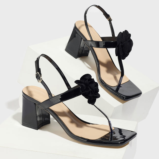 Factory Direct Sales Export Women's High-Heeled Black Rose Toe-Clip Square-Toe Chunky Heel Mirror Fabric Sandals 2025 New Model