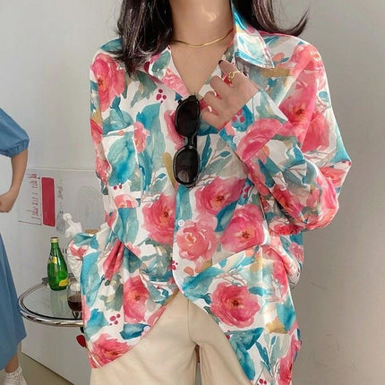 Top women's design sense niche light familiar shirt 2022 spring and autumn vintage printed green long sleeve mermaid Ji shirt fashion