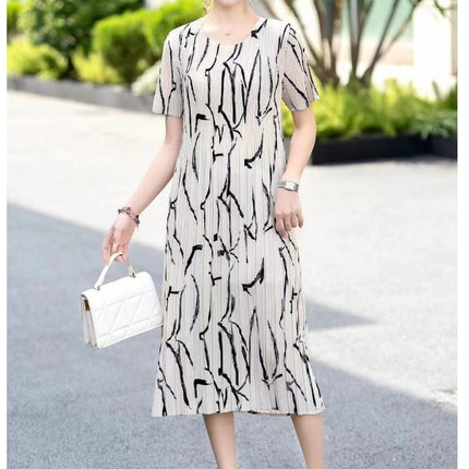 Miyake pleated 2025 summer new temperament round neck printed pleated skirt fashion waist thin magic dress