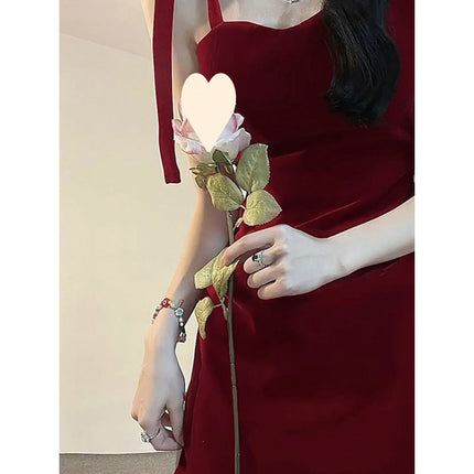 New Red Suspender Waist Dress French Slim Fit Strap Design Sexy Hot Girl Figure-Showing Hip-Hugging Short Skirt