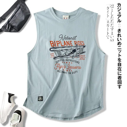 Summer Trendy Brand American Style Retro Style Printed Washed Cotton Crewneck Vest Men's Sports Leisure Sleeveless T-shirt Men's Clothing