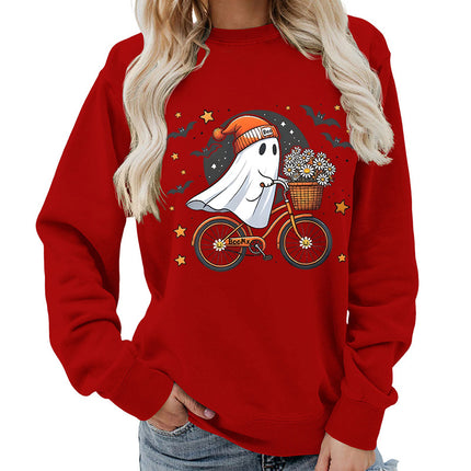 Amazon Source Ghost Riding a Bicycle Halloween Print Round Neck Women's Sweatshirt Casual Loose Fit