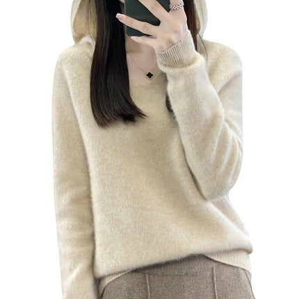 2024100 Soft Waxy Wool Hoodie for Women Manufacturer Wholesale Seamless Long-Sleeved Pullover Knitwear in Stock Fine Wool