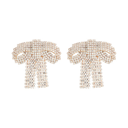 2024 Super Flash Claw Chain Full Diamond Bow Earrings European and American Exaggerated Earrings Women's Elegant Banquet Cross-border Bridal Jewelry