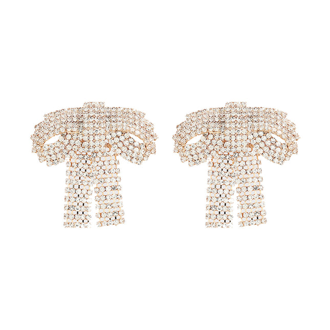 2024 Super Flash Claw Chain Full Diamond Bow Earrings European and American Exaggerated Earrings Women's Elegant Banquet Cross-border Bridal Jewelry