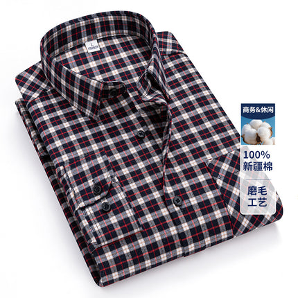 2025 Autumn New Men's Casual Fashion Brushed Plaid Long Sleeve Ready Stock No-Iron Casual Middle-Aged Tops Men's Clothing