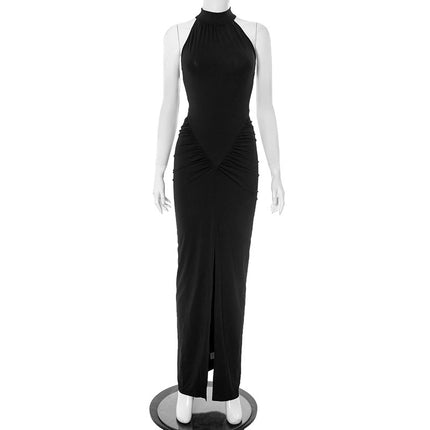 Sanhu Lianjiang Q25Ds104 European and American Women's Pure Color Sleeveless Halterneck Tight-Fitting Hip-Shrinking Pleated Slit Long Dress