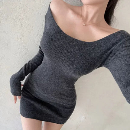 South Korea Dongdaemun New Product One Second Eyes Sexy Lazy Shoulder Shoulder Body Hip Knitted dress