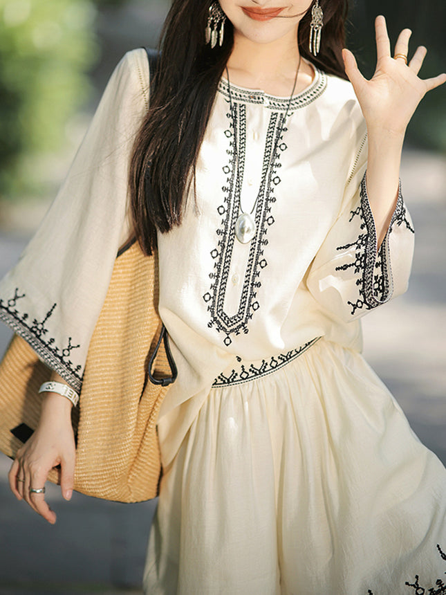 | Provence · Embroidered suit | 2024 Summer Retro Round Neck Light Luxury Small Shirt Casual Shorts suit Women