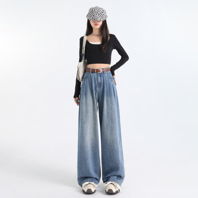 Korean Style Pleated Loose Wide Leg Jeans Women's 2024 Autumn New High Waist Drape Slimming All-match Straight Pants