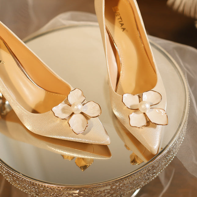 C758-45 Apricot New Bridesmaid Wedding Shoes Bridal Shoes Women's High Heels Main Wedding Dress Wine Glass Heel Non-Tiring Shoes