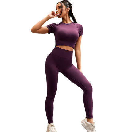 Amazon Sports New Solid Color Sports Yoga suit Summer Pink Yoga Clothes suit Short-Sleeved Tight Two-Piece Set