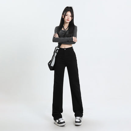 High waist pants jeans women's YKK zipper inner clothesline narrow straight pants slimming high elastic pipe pants