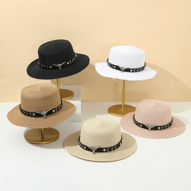 Straw Hat Bohemian Flat Brim Flat Top British Hat Women's Summer Outing Sunshade Sunscreen Hat Flat Top Straw Hat Beyond Piece