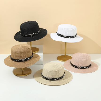 Straw Hat Bohemian Flat Brim Flat Top British Hat Women's Summer Outing Sunshade Sunscreen Hat Flat Top Straw Hat Beyond Piece