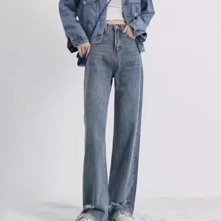 European and American Ripped Tassel High Waist Jeans Women's 2024 Summer New Niche Design Sense Straight-leg Loose Mop Pants