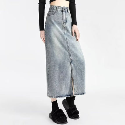 2023 new light blue thin denim skirt high waist A- line mid-length front slit hip skirt Denim skirt