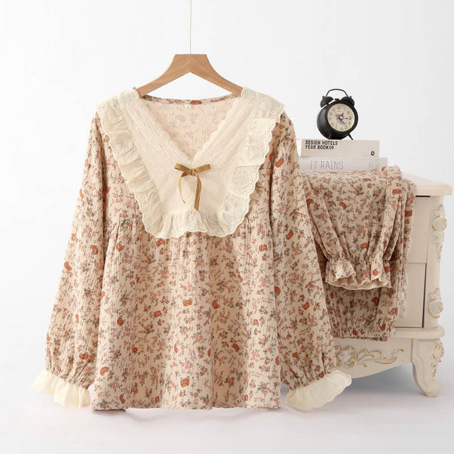[Retro Rose Garden] Women's Cotton Home Clothes Pajamas Spring and Autumn French Loose Long Sleeve Outwear