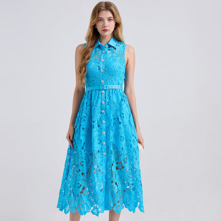 Actual Shot of New Summer Products, Contrasting Color Shirt Collar, Slim High-Waisted Sleeveless Dress, Waist-Cinching Diamond Button Skirt