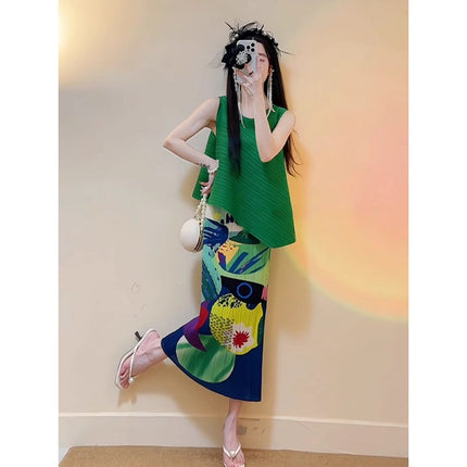European Fashion Western Style Loose Slim Pleated Green Top Lazy Relaxation Niche suit Skirt