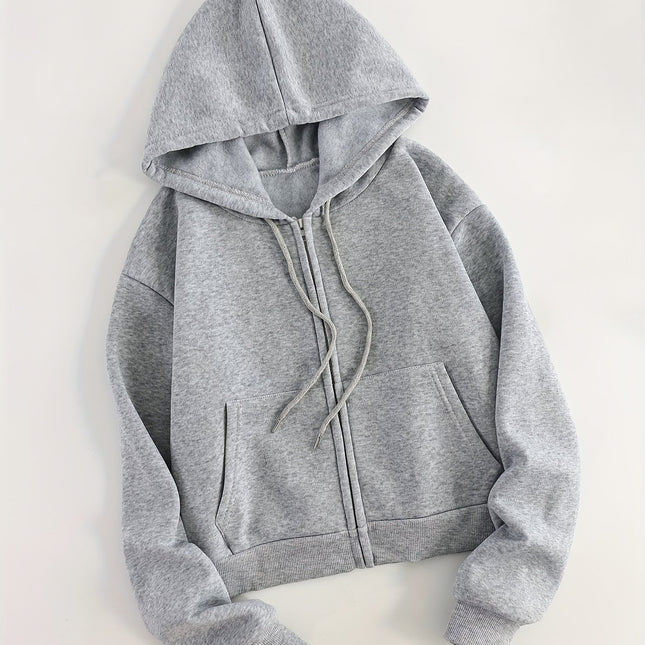 Warm Plush-Lined Solid Color Hoodie - Women's Casual Zip-Up