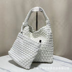 White + woven bag + leather shoulder strap