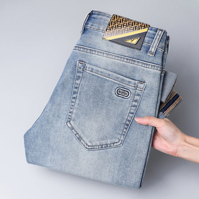 European style light luxury fashion brand men's slim fit skinny Denim trousers Foreign single European casual micro elastic slimming light blue pants