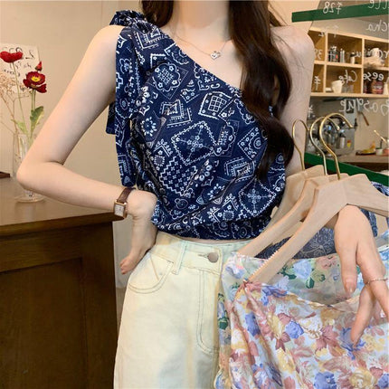 Resort Style Floral Slanted Shoulder Vest for Women Summer 2025 New Style French Chic Sexy Off-Shoulder Strappy Top for Outer Wear