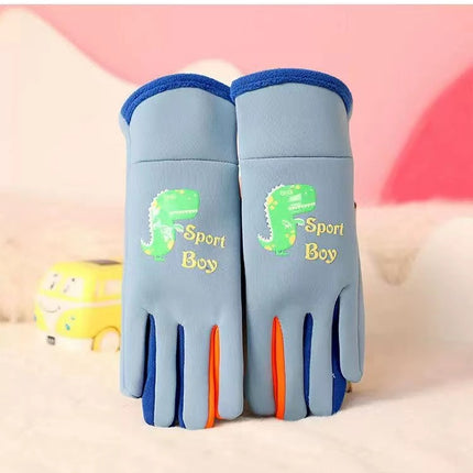 Ollie Velvet Children's Little Dinosaur Warm Non-Slip Five-Finger Outdoor Sports Cold-Proof Gloves for Baby Winter Adventure