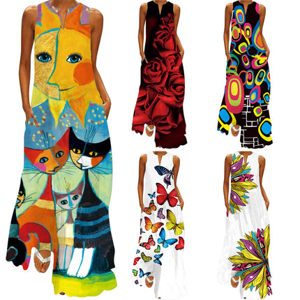2026 New Summer Women's Sleeveless Long Dress V-Neck Printed Retro Dress European and American Cross-Border Foreign Trade Women's Clothing