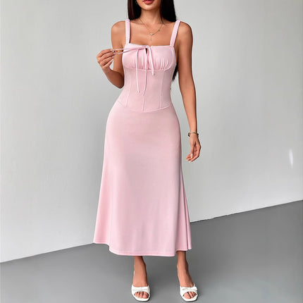 AD298 Cross-border Fashion New Sexy Pink Backless Sling Waist Explosions Women's Lace-up Backless dress