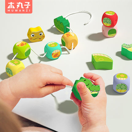 Wooden Animal Wooden Rope Game Large Particle Beaded Building Blocks Early Education Puzzle 2-3 Children's concentration training toys