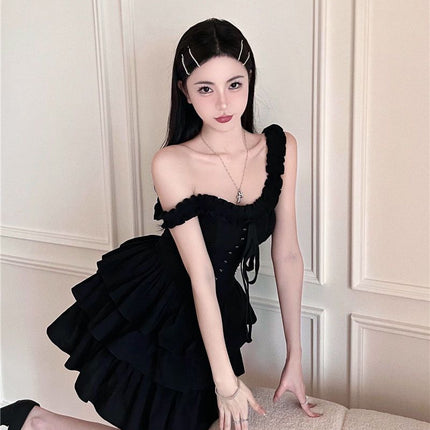 French Sweet and Spicy Black Dress, Chic and Beautiful Summer Dress with Discreet Design, Princess Suspender Puffy Skirt