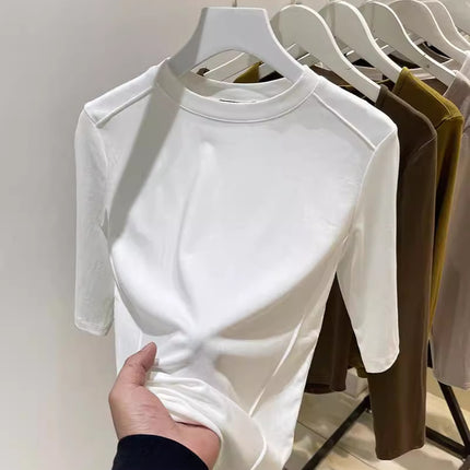 Fishbone Short-Sleeved T-Shirt for Women 2025 Spring New Design Sense of Design Slimming Look Elastic Mid-Sleeve Top T-Shirt
