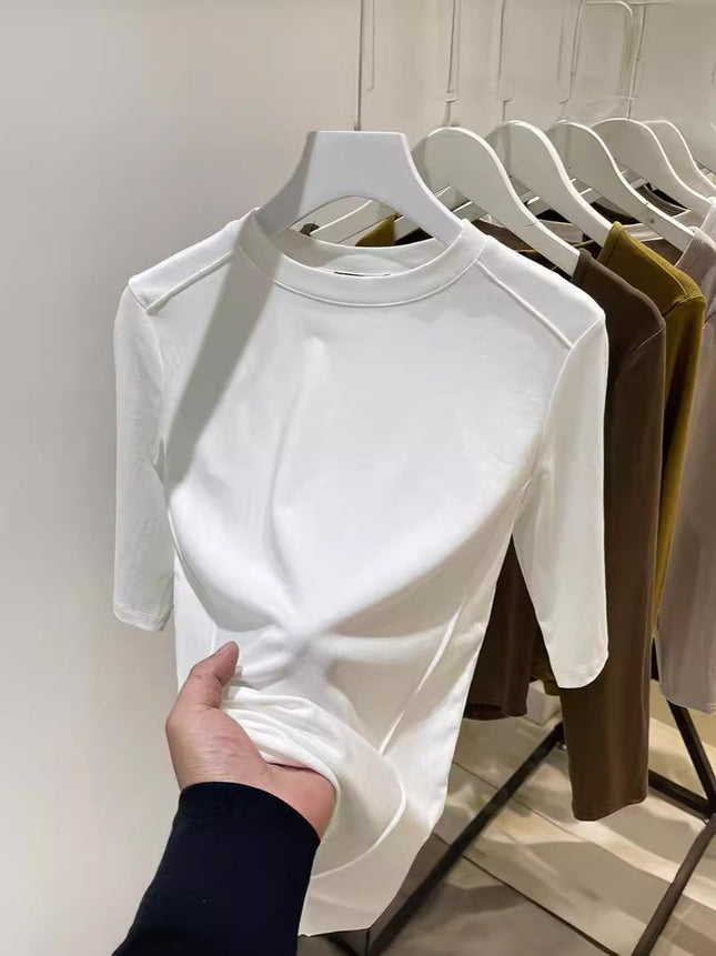 Fishbone Short-Sleeved T-Shirt for Women 2025 Spring New Design Sense of Design Slimming Look Elastic Mid-Sleeve Top T-Shirt