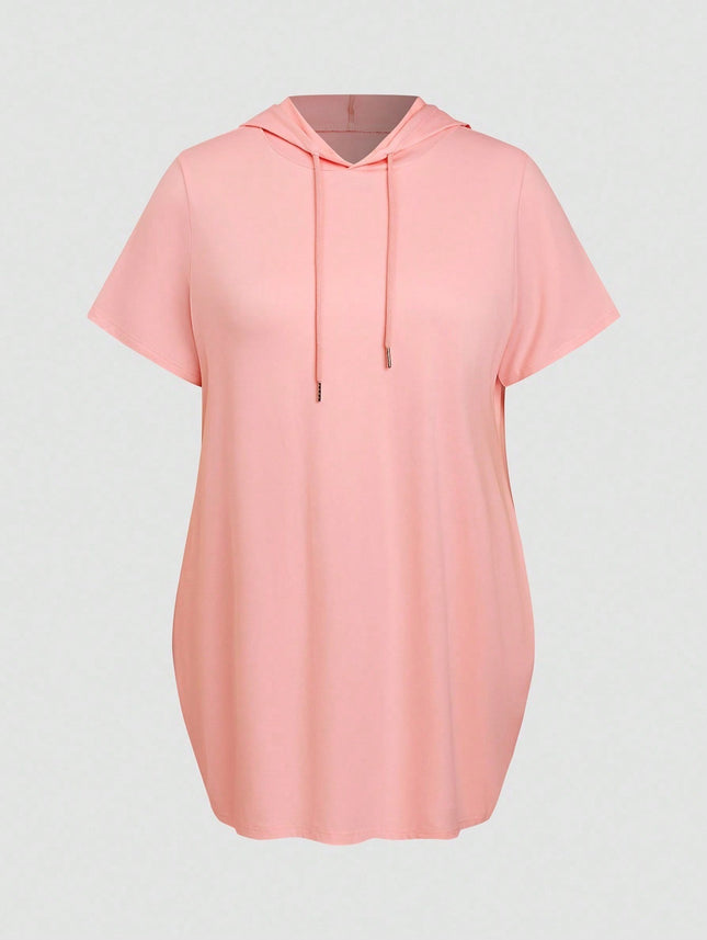 European and American Large Size Cross-Border New Hooded Short-Sleeved T-Shirt Women's Drawstring Hoodie Pure Color Casual Loose Top Sweatshirt