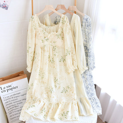 Spring and Summer Double-layer Yarn Nightdress with Chest Pad Autumn and Four Seasons Long Sleeve Bra-free Cup Crepe Casual Pajamas Home Dress