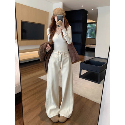 fleece-lined Thickened Wide-leg Jeans Women's Trendy All-match New Arrival apricot High Waist Slimming Loose Casual Straight Pants
