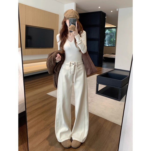 Fleece-Lined Thick Wide Leg Jeans Women Apricot High Waist Loose Casual Straight Denim Street Style XS-2XL Wholesale / Jean Large Jambe Abricot Doublé Polaire Épais Femme Taille Haute Décontracté Denim Style Rue XS-2XL Gros