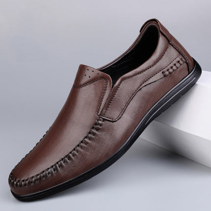 2024 spring new men's casual leather shoes first layer cowhide punching flat leather shoes lightweight peas shoes hollow shoes
